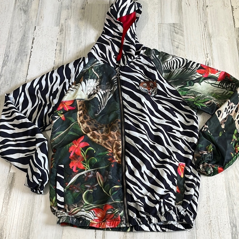 Akoo Zebra Print Jacket with Red and Green Accents